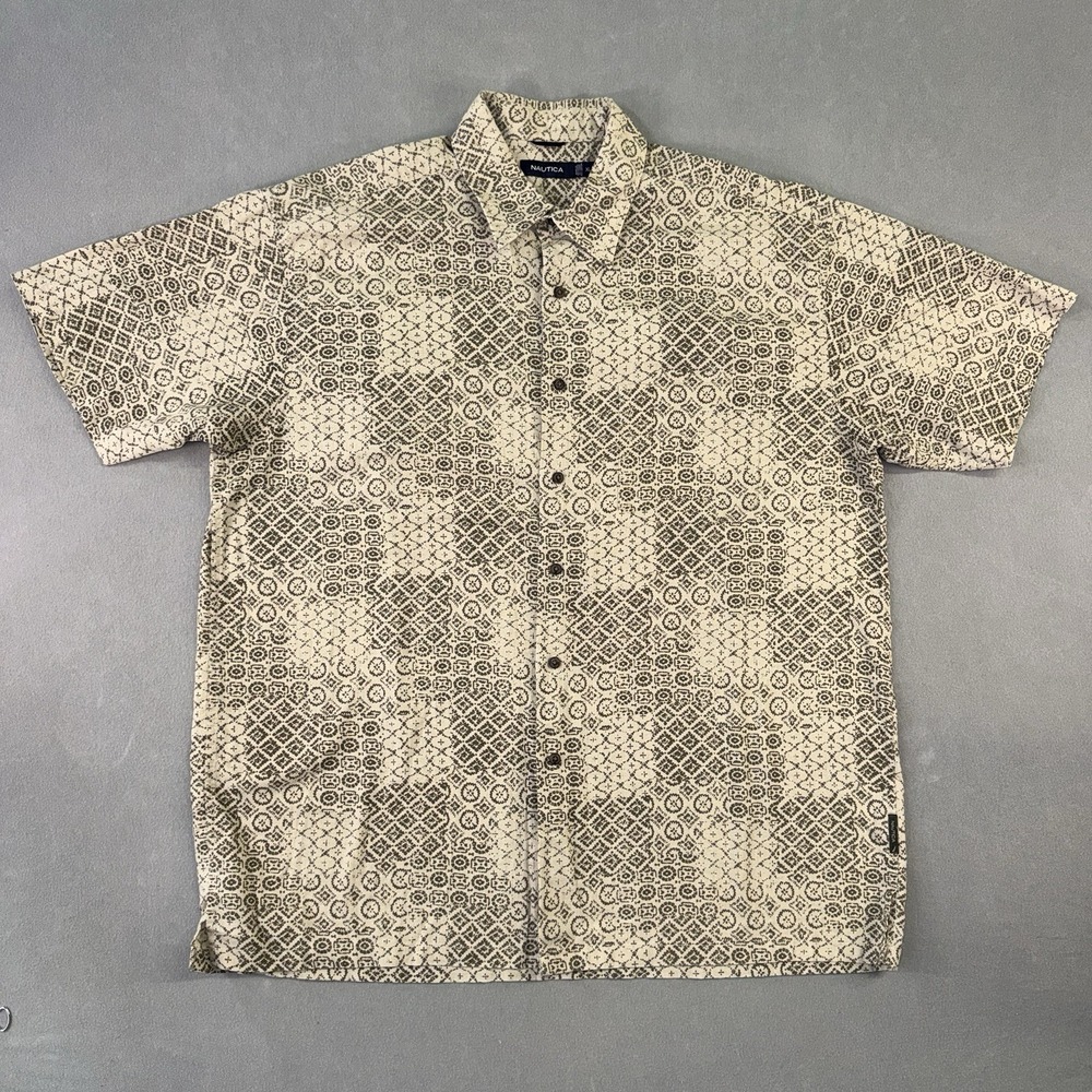Men's Nautica Short Sleeve Casual‎ Button Up Shirt Tan/Brown Print Size XL